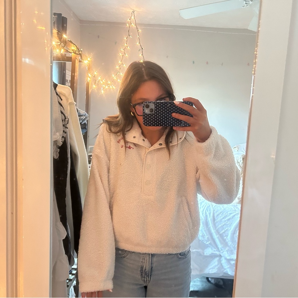 white sherpa button up sweatshirt